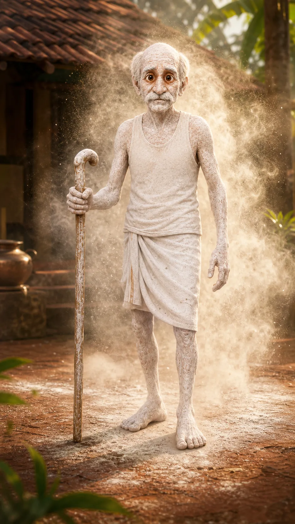 Flour-covered Appuppan emerging into a Kerala village courtyard.