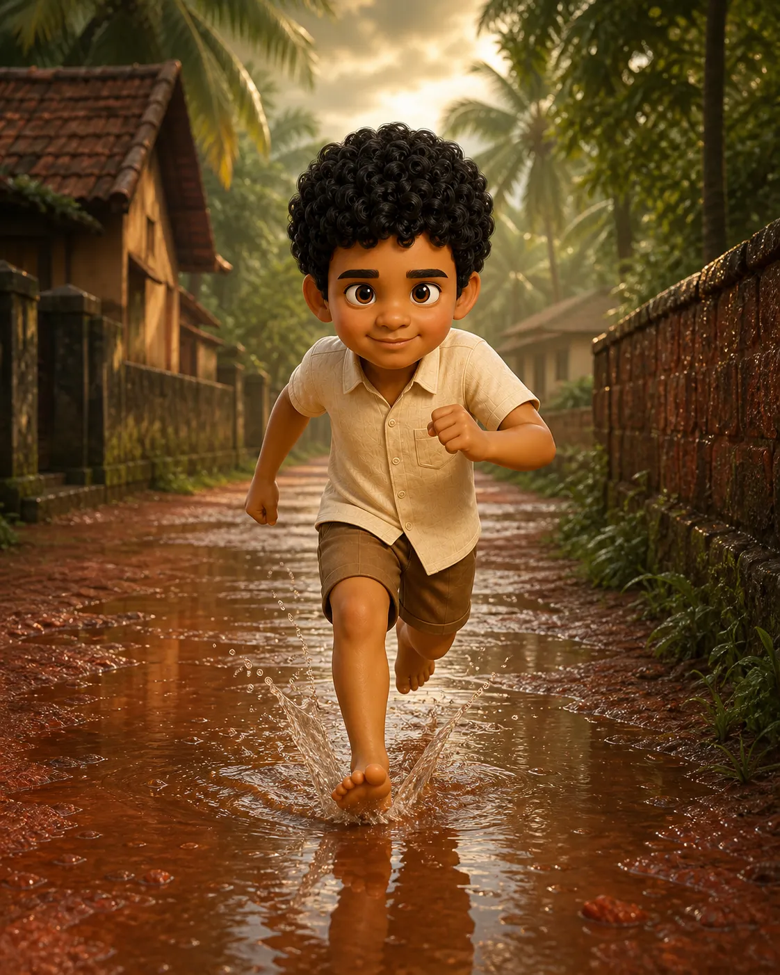 Kuttappan charging through a rain-filled laterite village lane.