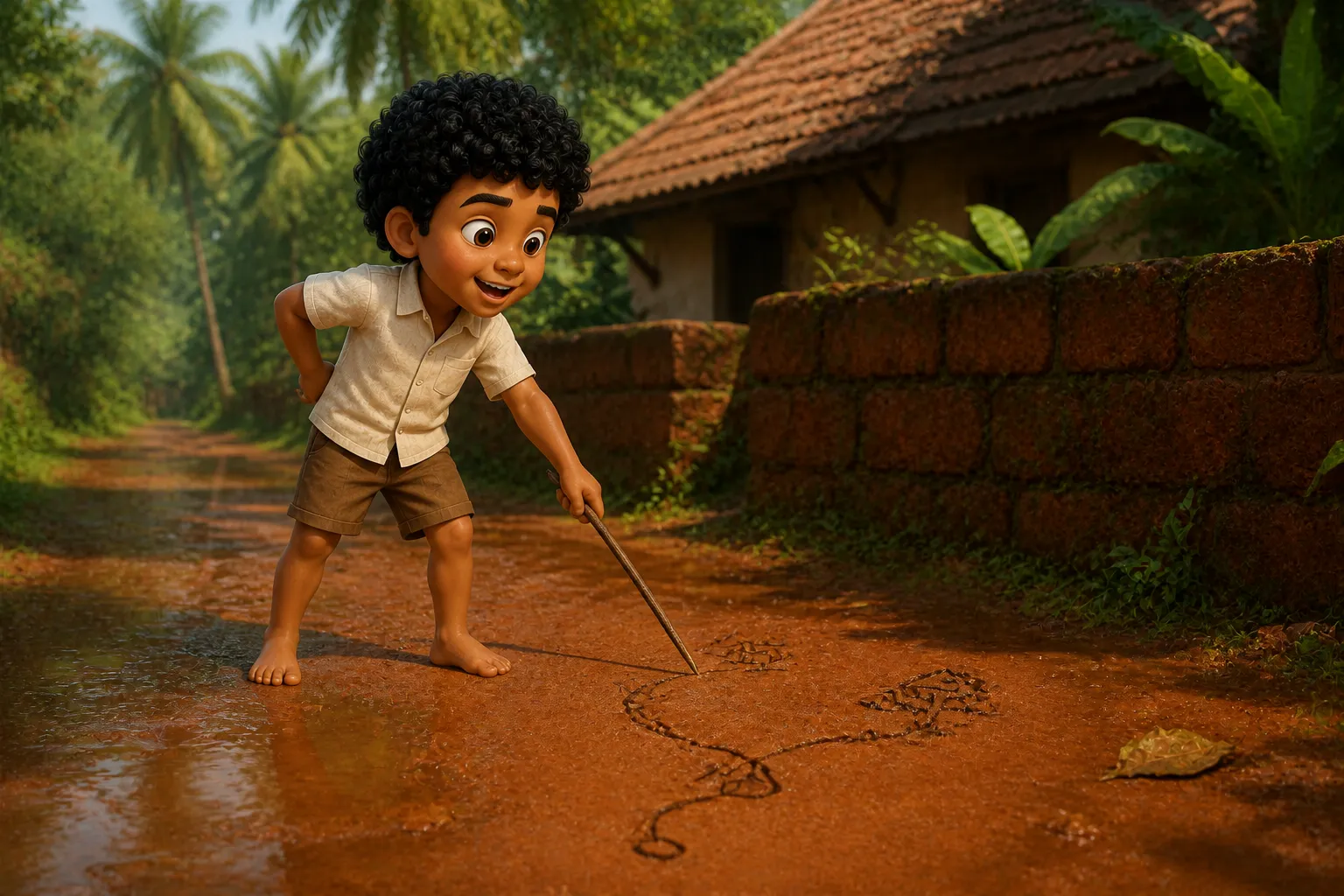 Kuttappan cheerfully drawing his latest plan in the wet earth of a Kerala village lane.