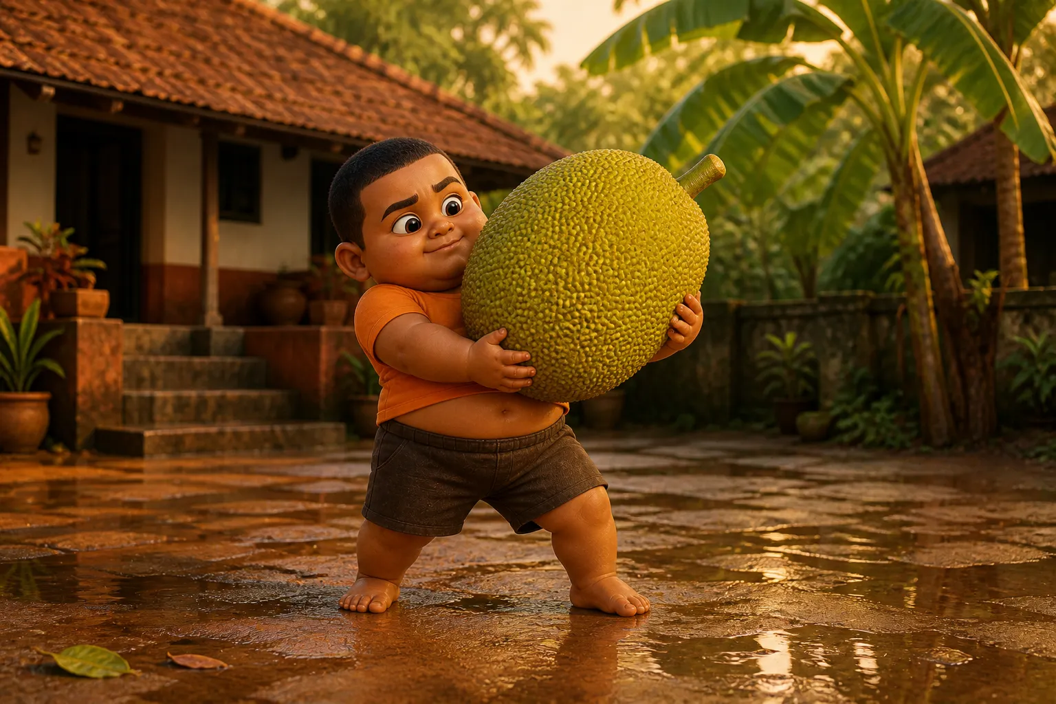 Pakru proudly carrying an enormous jackfruit across a rain-washed Kerala courtyard.