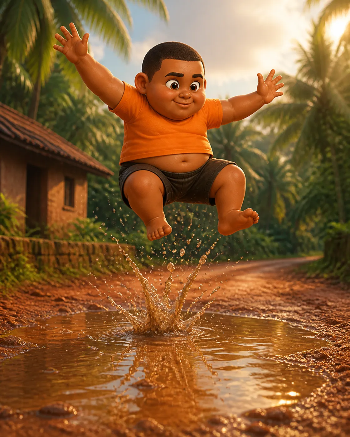 Pakru making a joyful leap over a rain puddle on a Kerala village lane.
