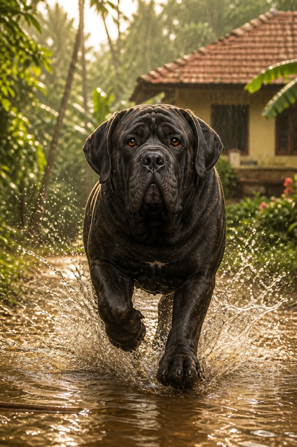 Ratchasan charging through a monsoon puddle on a Kerala village lane.