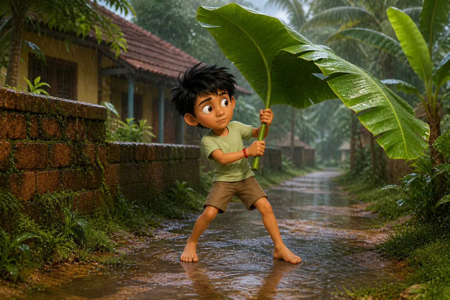 Shambhu steadying a banana leaf umbrella on a rain-washed Kerala village path.