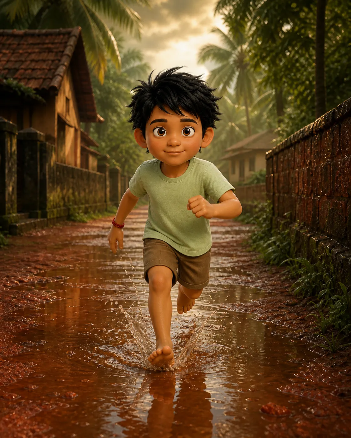 Shambhu running through a rain-filled laterite village lane.