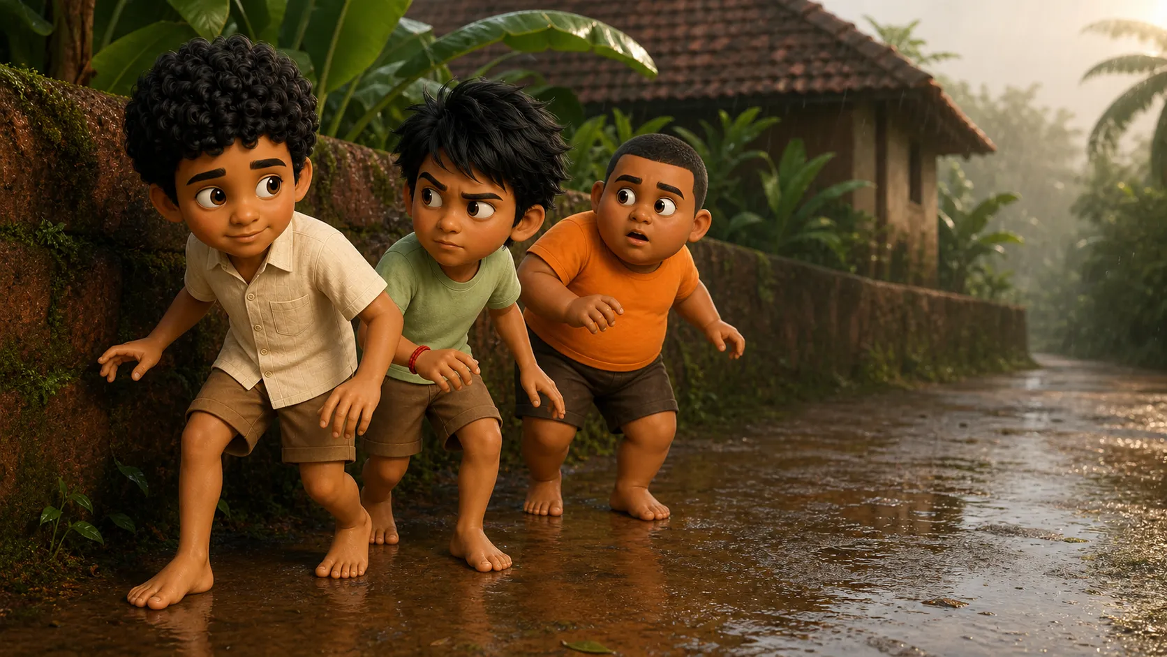 Kuttappan, Shambhu and Pakru freeze mid-sneak after realizing their plan is going wrong.