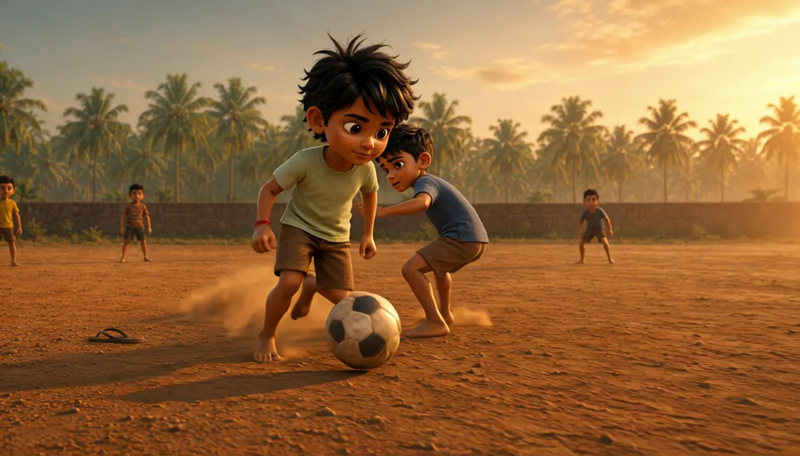 Friends playing football at golden hour in Thottumkara.