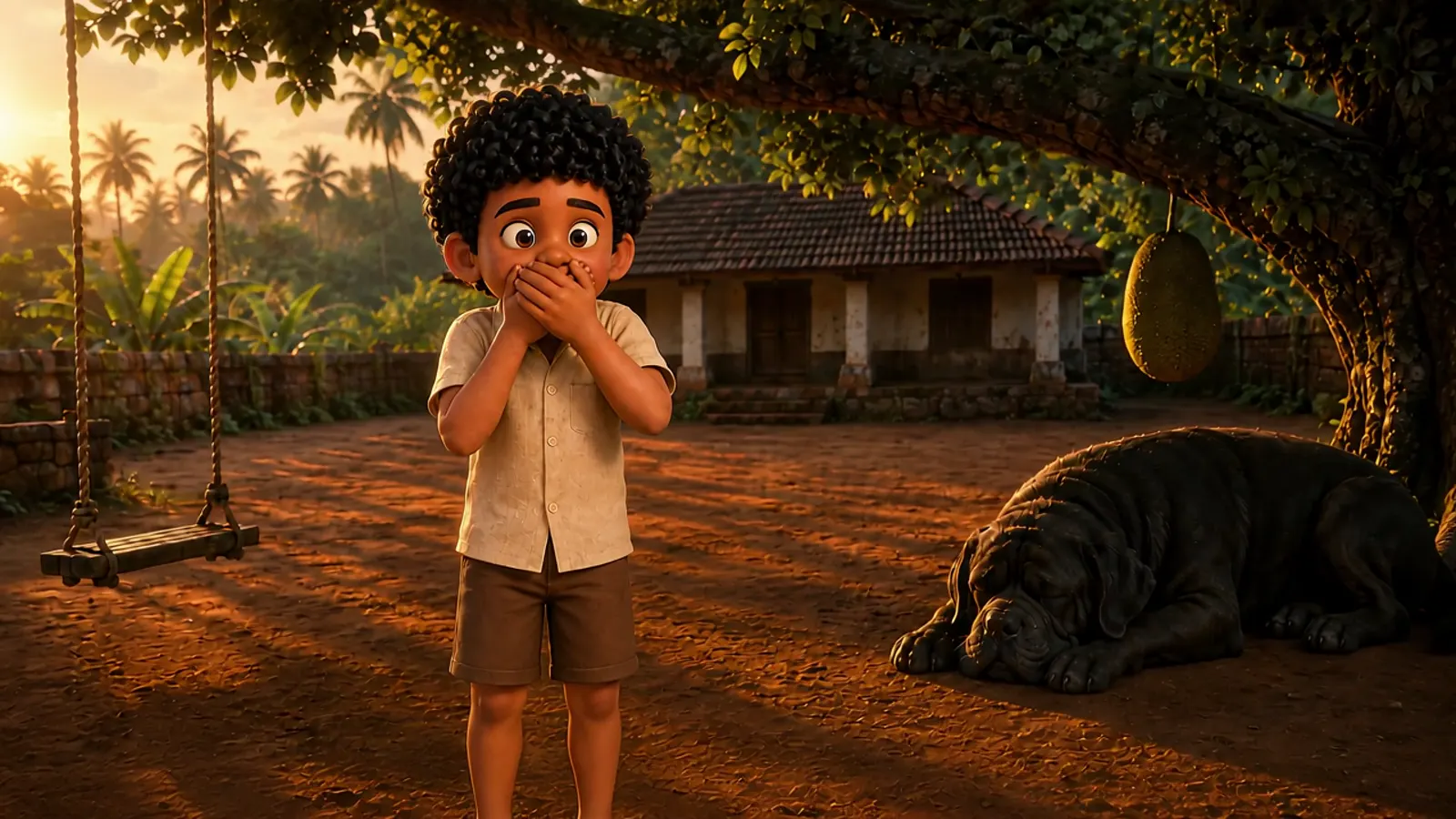 Kuttappan character performance in a village scene.