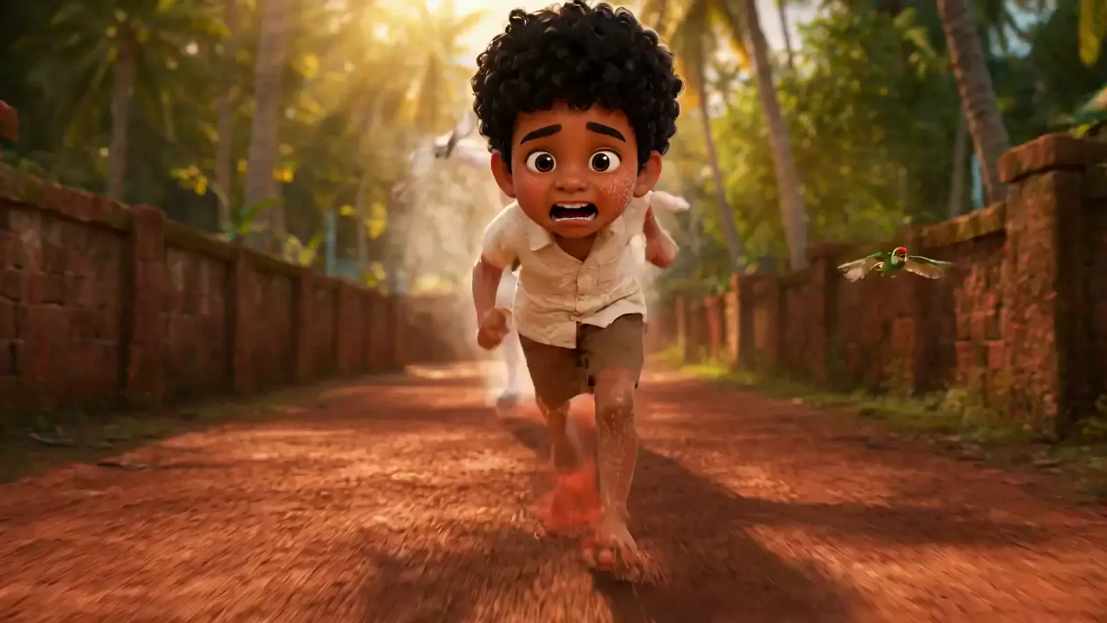 Kuttappan running along a laterite village lane.